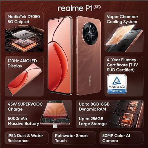 realme P1 5G (Phoenix Red, 8GB RAM, 256GB Storage) | Up to 6GB + 6GB Dynamic RAM | Dimensity 7050 5G Chipset | AMOLED Display | 7-Layer VC Cooling System | 50MP Color AI Camera | 45W SUPERVOOC Charge - Triveni World