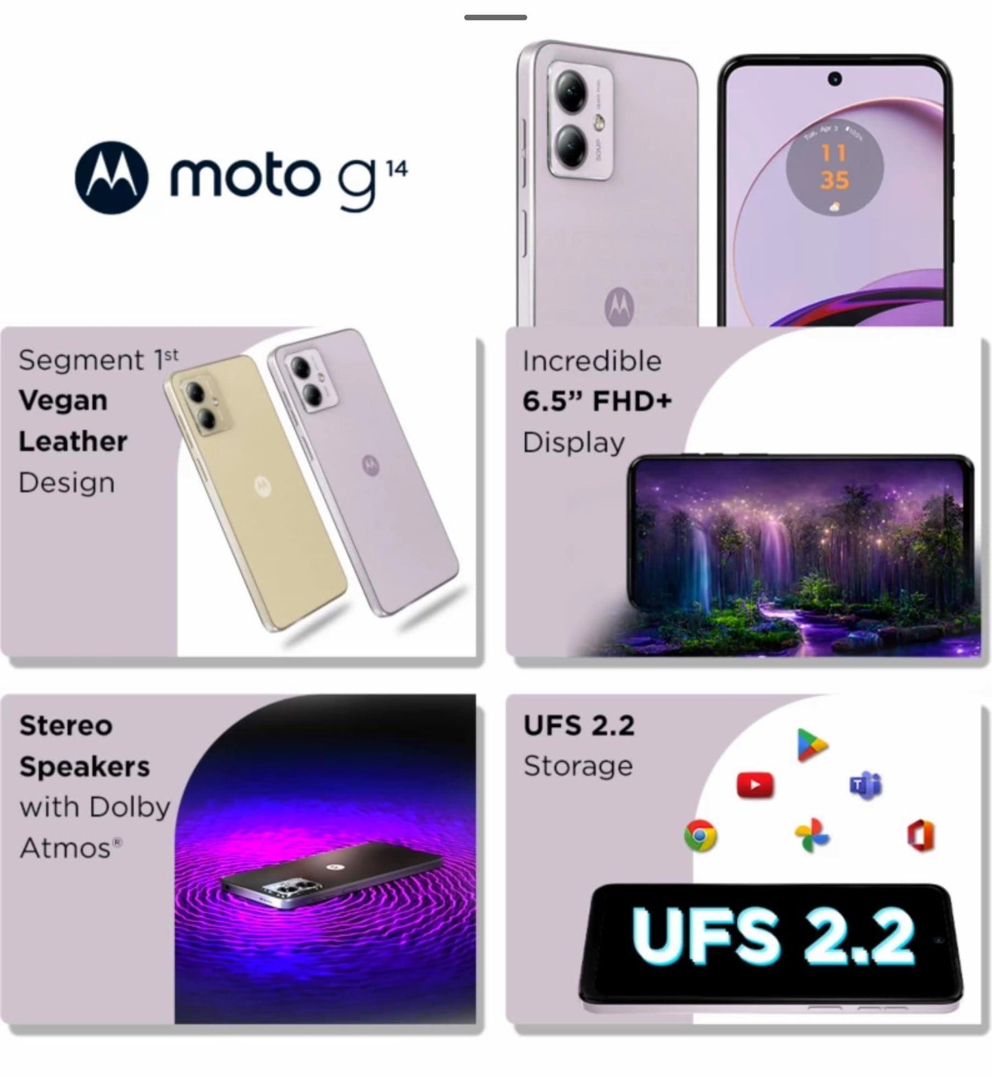 (Refurbished) Motorola G14 4G (Pale Lilac, 4GB RAM, 128GB Storage) | 6.5” ultrawide Full HD+ Display | 50MP + 2MP | 8MP Front Camera | Immersive Stereo Speakers with Dolby Atmos - Triveni World
