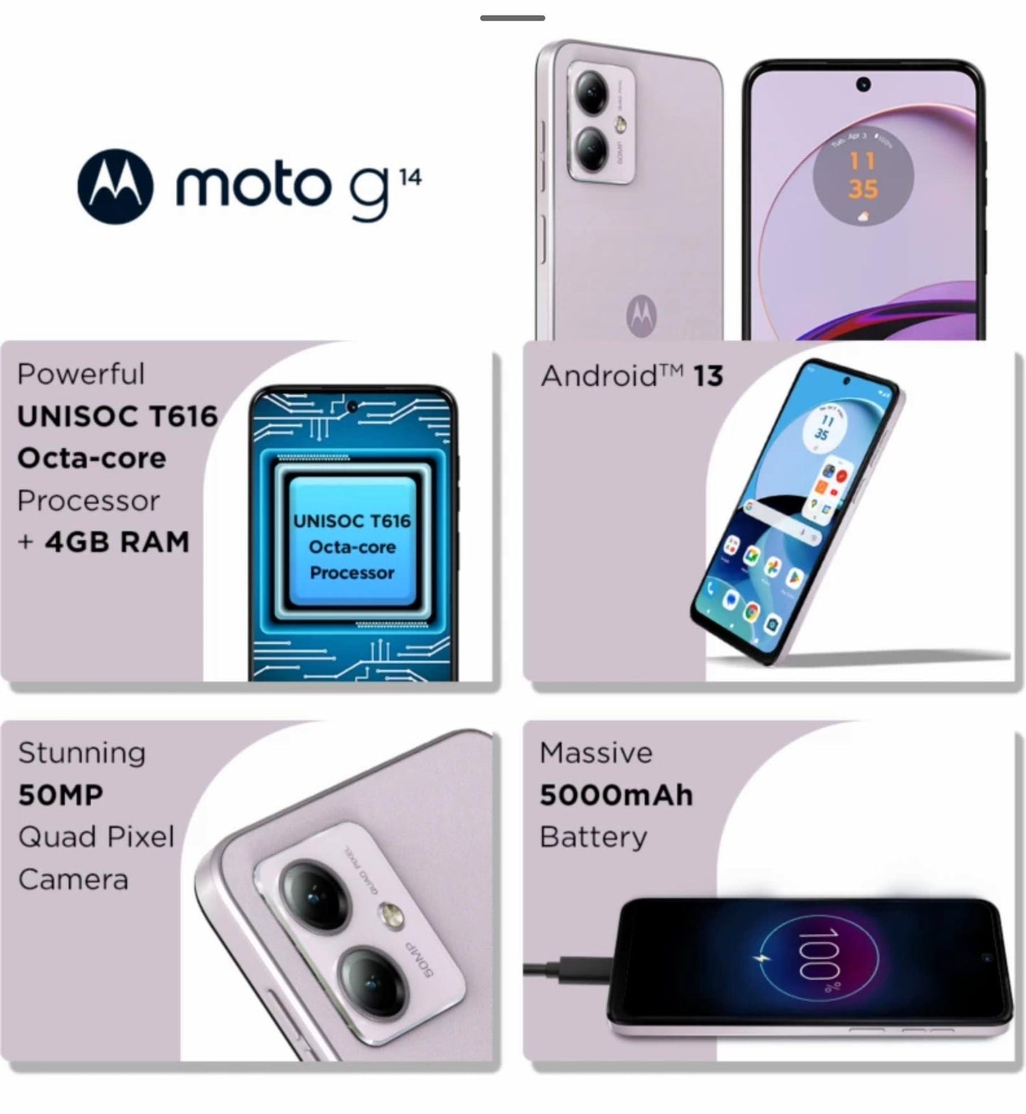 (Refurbished) Motorola G14 4G (Pale Lilac, 4GB RAM, 128GB Storage) | 6.5” ultrawide Full HD+ Display | 50MP + 2MP | 8MP Front Camera | Immersive Stereo Speakers with Dolby Atmos - Triveni World