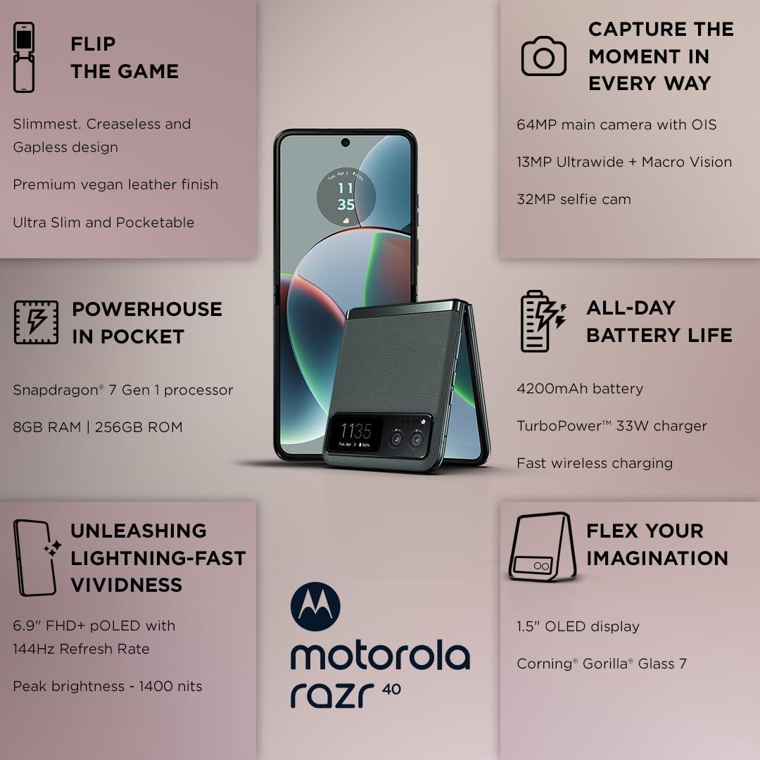 (Refurbished) Motorola razr 40 (Sage Green, 8GB RAM, 256GB Storage) | External AMOLED Display | 6.9" AMOLED 144Hz Display | 64MP Main Camera | Android 13 - Triveni World