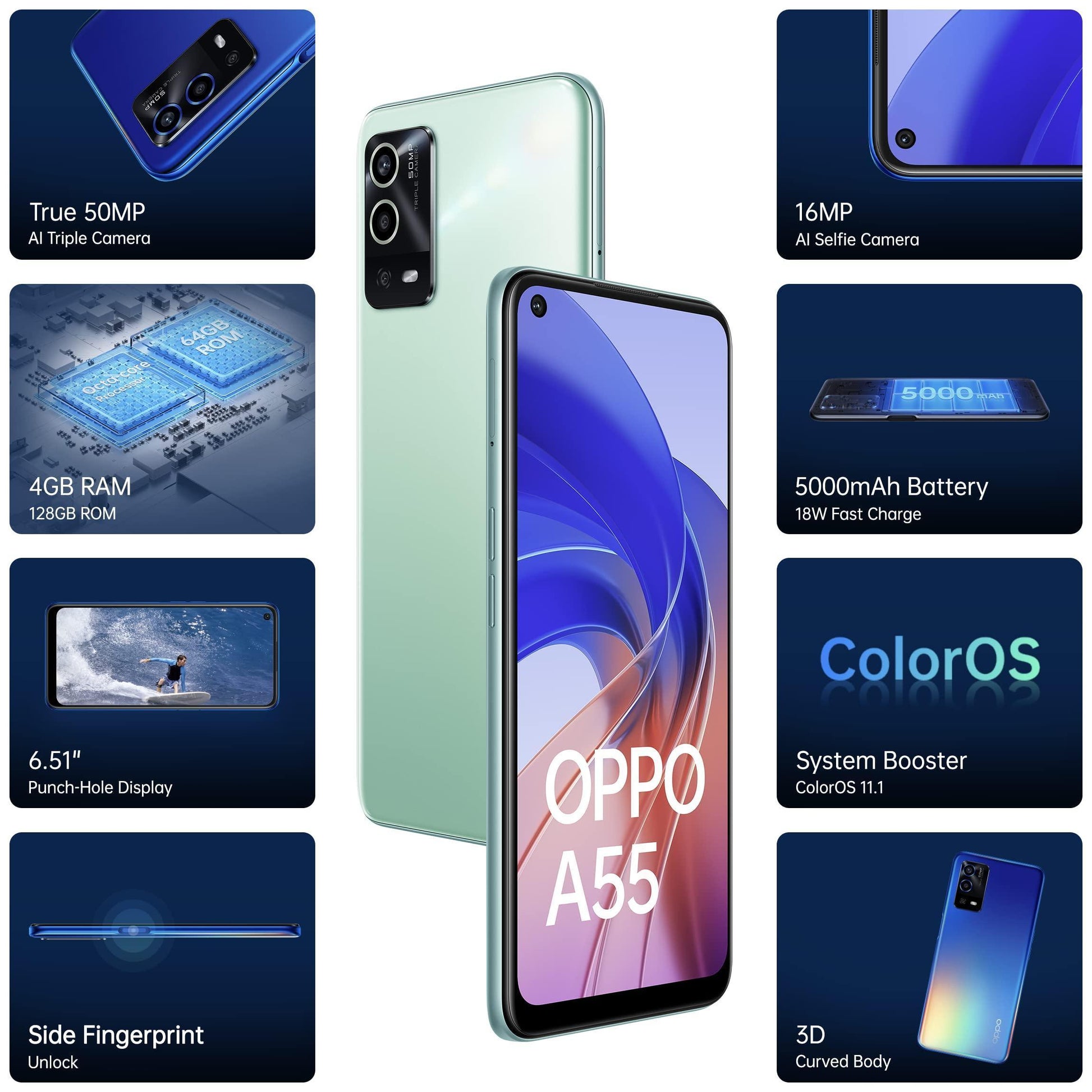 (Refurbished) Oppo A55 (Mint Green, 4GB RAM, 128GB Storage) | 5000mAh Battery | 50MP AI Camera | 18W Fast Charging | with No Cost EMI/Additional Exchange Offers - Triveni World