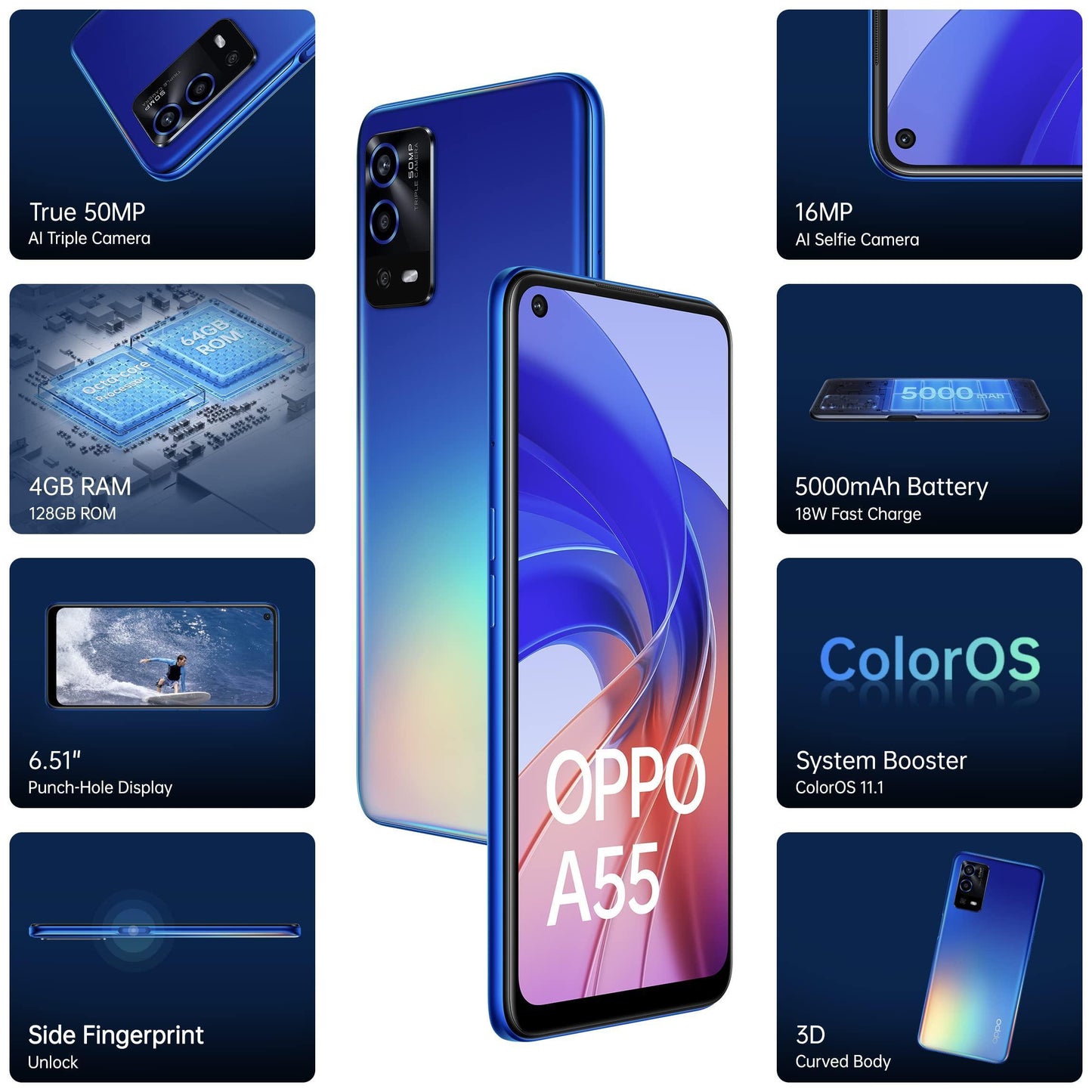 (Refurbished) Oppo A55 (Rainbow Blue, 4GB RAM, 128GB Storage) | 5000mAh Battery | 50MP AI Camera | 18W Fast Charging - Triveni World