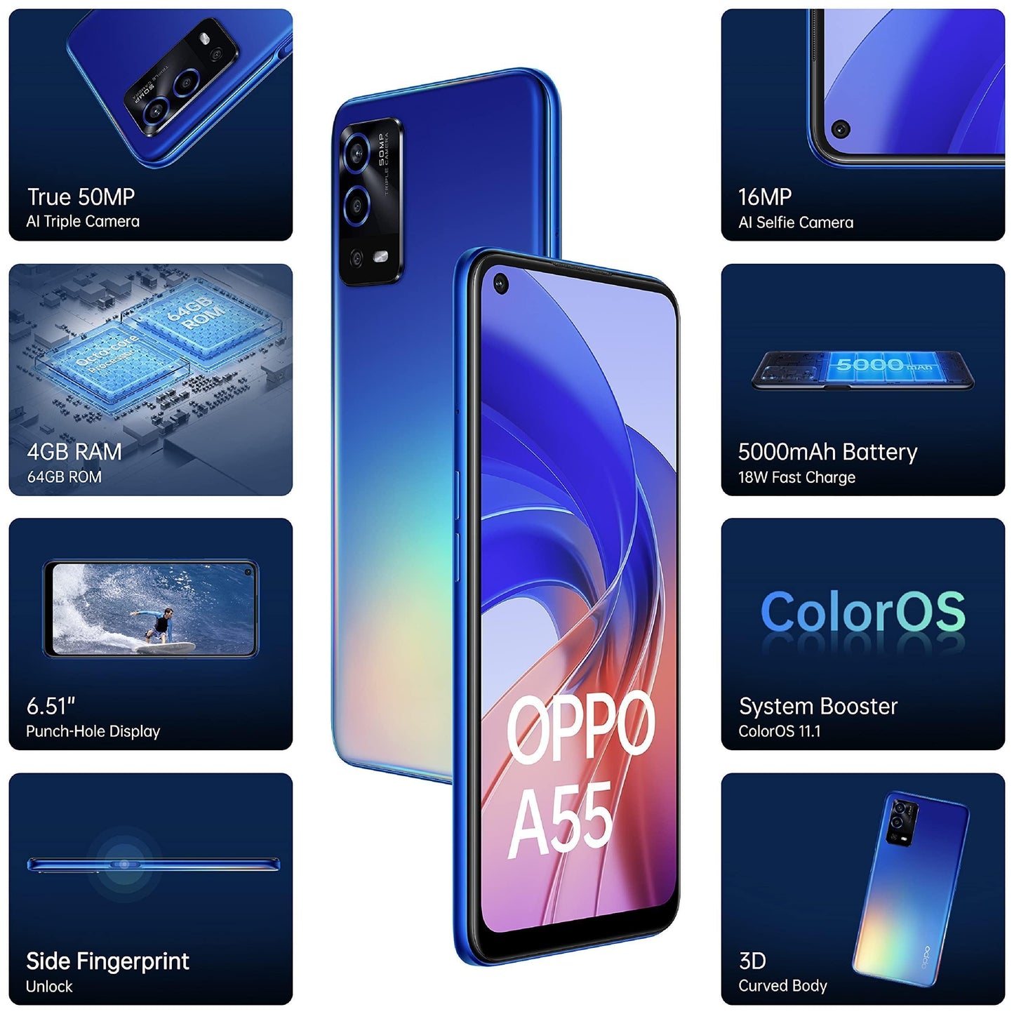 (Refurbished) OPPO A55 (Rainbow Blue, 4GB RAM, 64GB Storage) | Flat Rs. 2750 Citibank and Axis| Get Comp - Triveni World