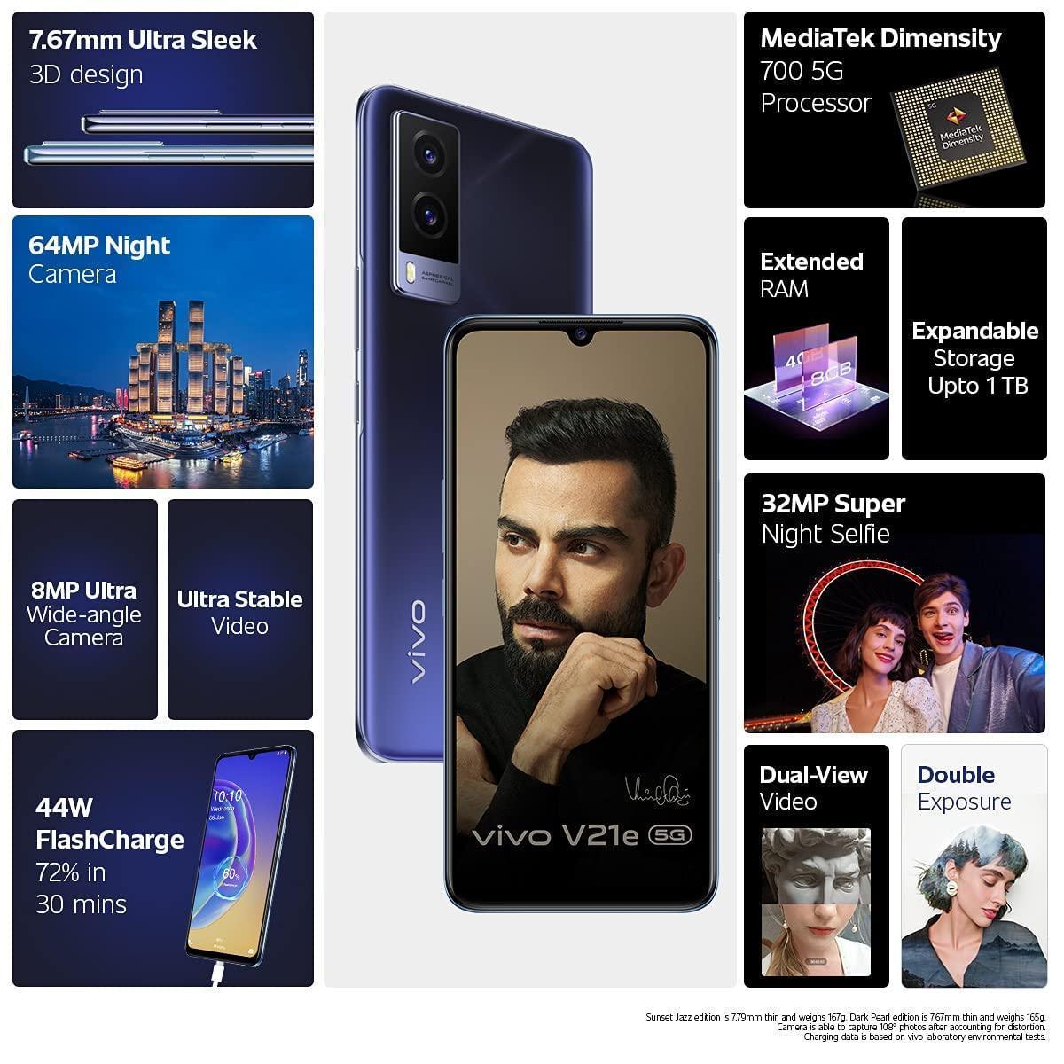 (Refurbished) Vivo V21e 5G (Dark Pearl, 8GB RAM, 128GB Storage) with No Cost EMI/Additional Exchange Offers - Triveni World