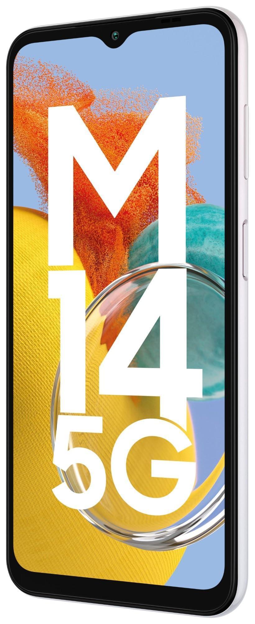 Samsung Galaxy M14 5G (ICY Silver,6GB,128GB)|50MP Triple Cam|Segment's Only 6000 mAh 5G SP|5nm Processor|2 Gen. OS Upgrade & 4 Year Security Update|12GB RAM with RAM Plus|Android 13|Without Charger - Triveni World