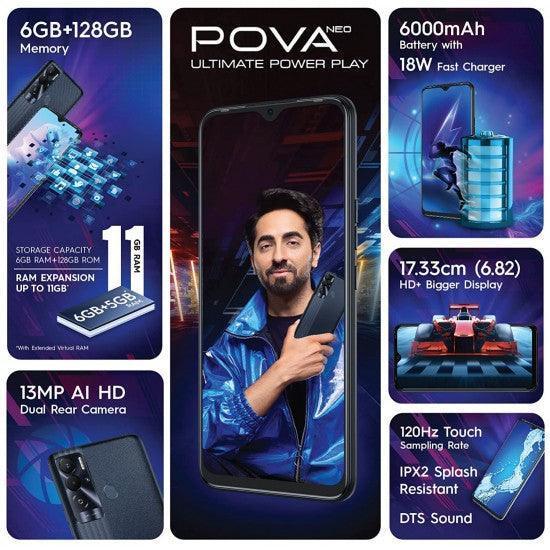 Tecno POVA Neo (Obsidian Black, 6GB RAM, 128GB Storage) | 6000mAh Battery |6.82'' (17.32 cm) HD+Display | DTS Sound - Triveni World