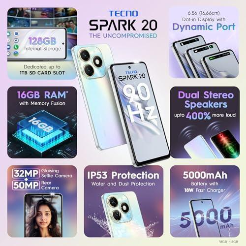 TECNO Spark 20 | Cyber White, (16GB*+128GB)| 32MP Selfie + 50MP Main Camera| 90Hz Dot-in Display with Dynamic Port & Dual Speakers with DTS| 5000mAh Battery |18W Type-C| Helio G85 Processor - Triveni World