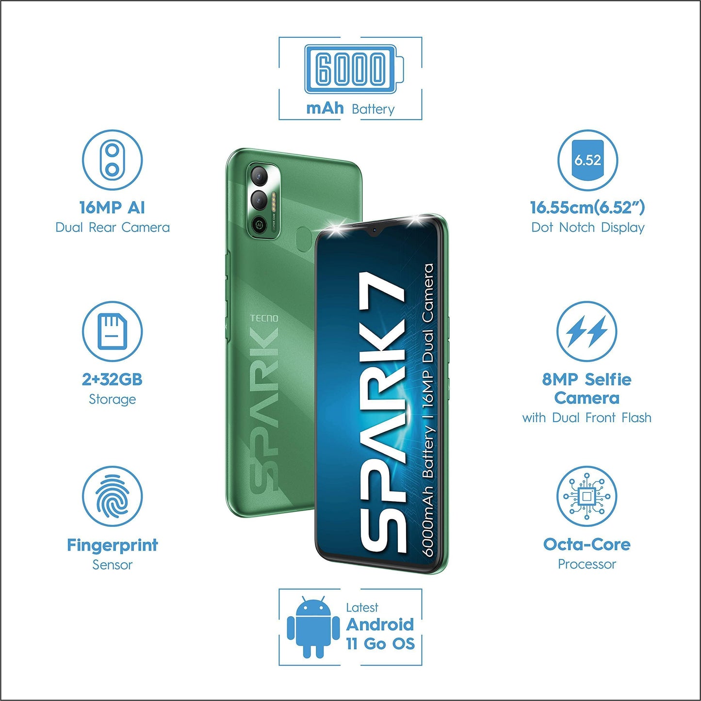 TECNO Spark 7 (Spruce Green, 2GB RAM, 32 GB Storage) - 6000mAh Battery|16 MP Dual Camera| 6.52” Dot Notch Display| Octa Core Processor - Triveni World